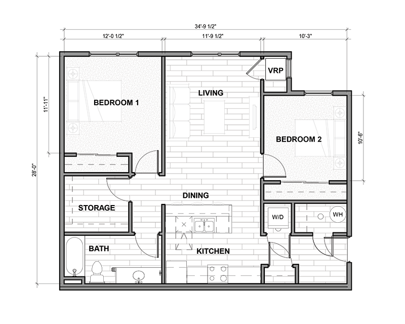 A floor plan of a house with two bedrooms, a living room, a dining room, a kitchen, a bathroom, and storage.